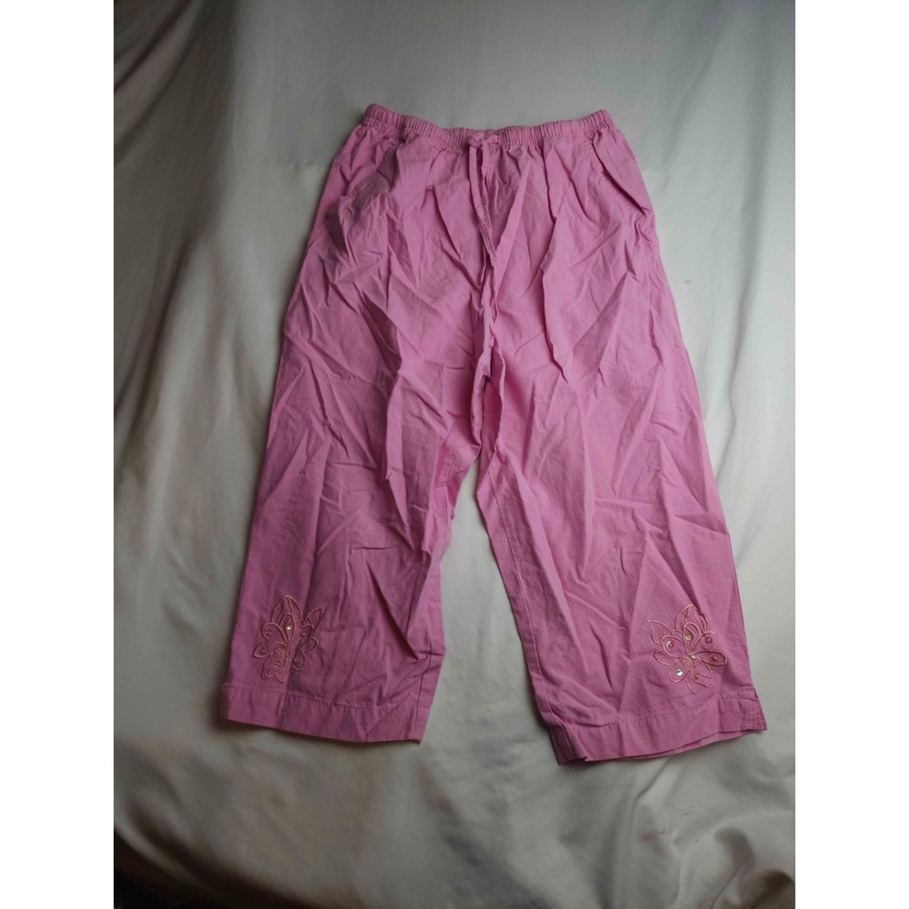 Laura Ashley Pants Womens Size PM Pink Woven Capri Floral Sequin Pull On Casual